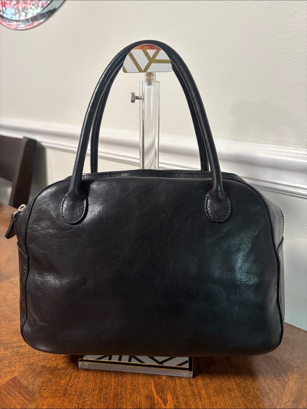 WILSON’S LEATHER Smooth Black Leather Double Top-Handle Satchel with Twilly- EUC - Picture 4 of 16